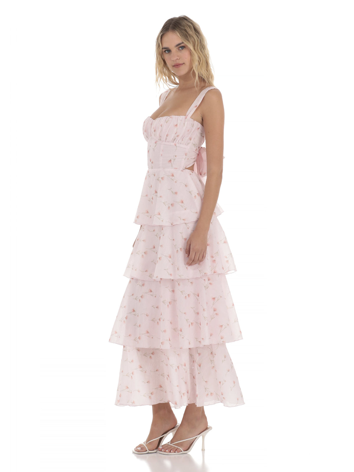 Pink bridesmaid dress with a-line silhouette and maxi length