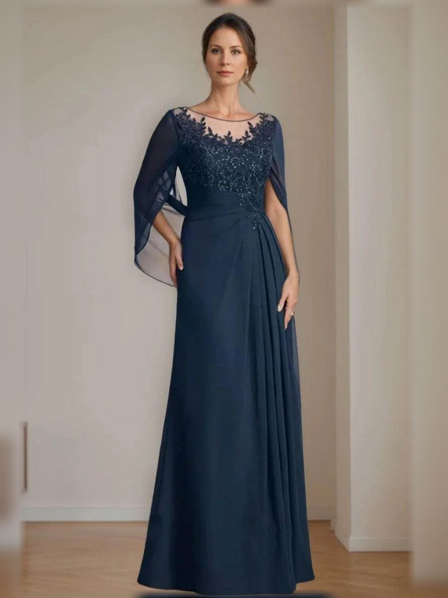 Dark navy chiffon A-line mother-of-the-bride dress with illusion floral lace bodice