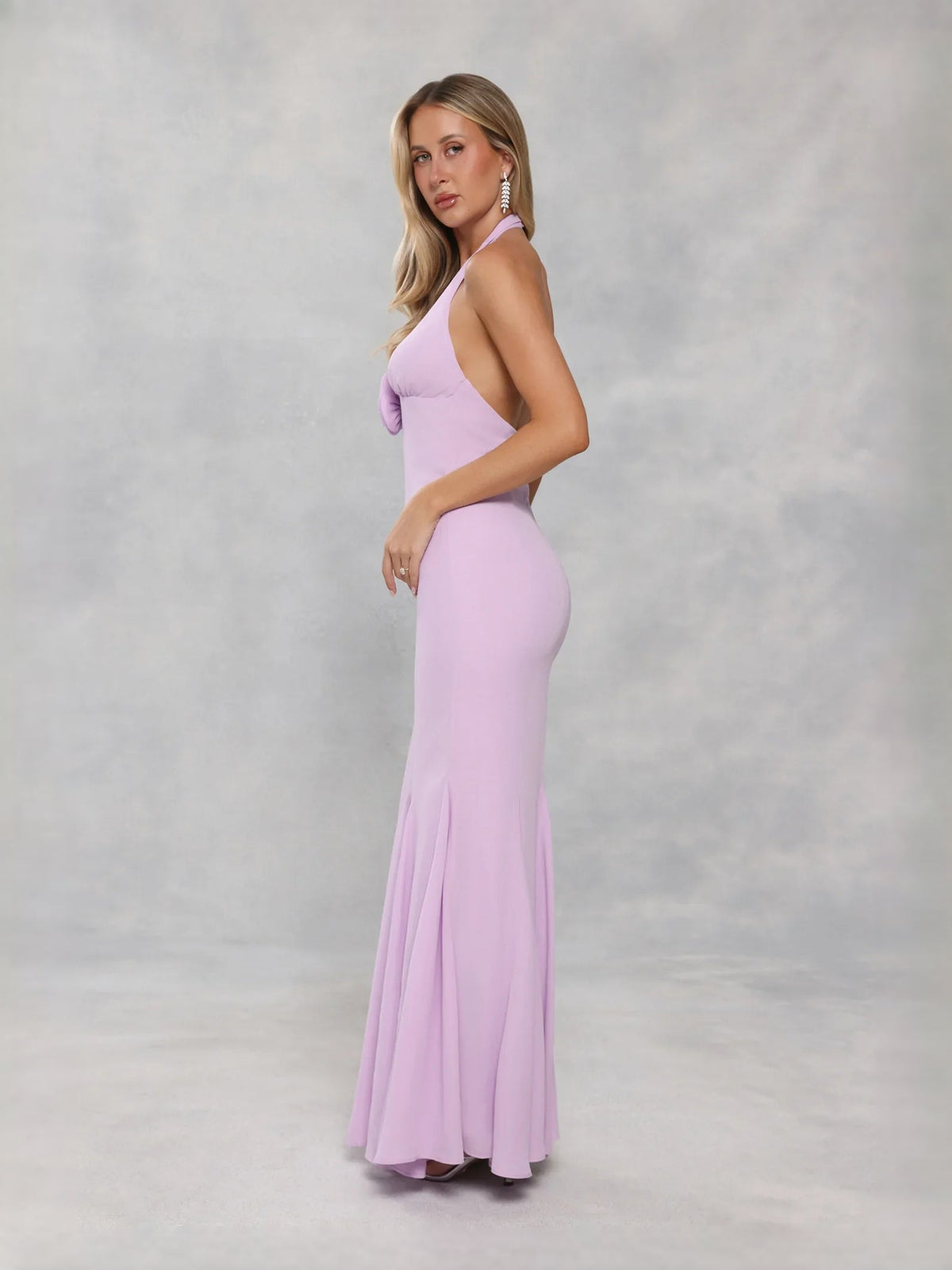 Lavender halter mermaid maxi prom dress with fitted side silhouette
