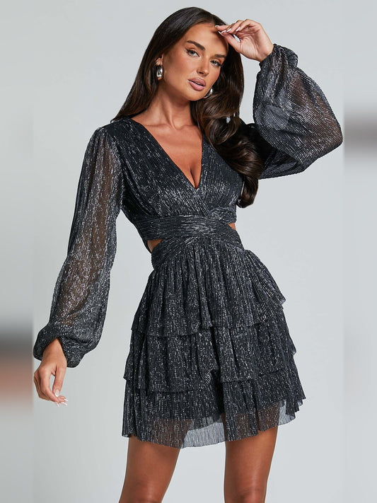 Black long-sleeve mini dress with V-neck and tiered ruffle skirt