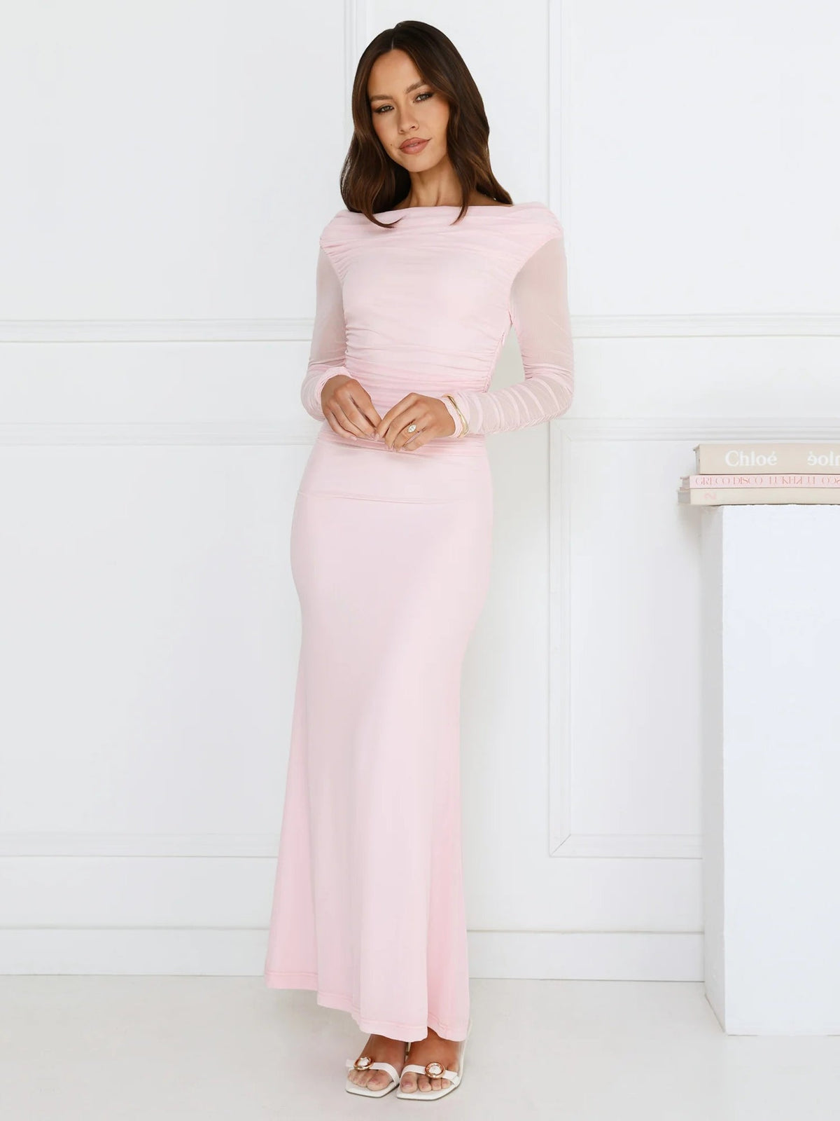 Pink sheath maxi formal dress with sheath, full-length front view
