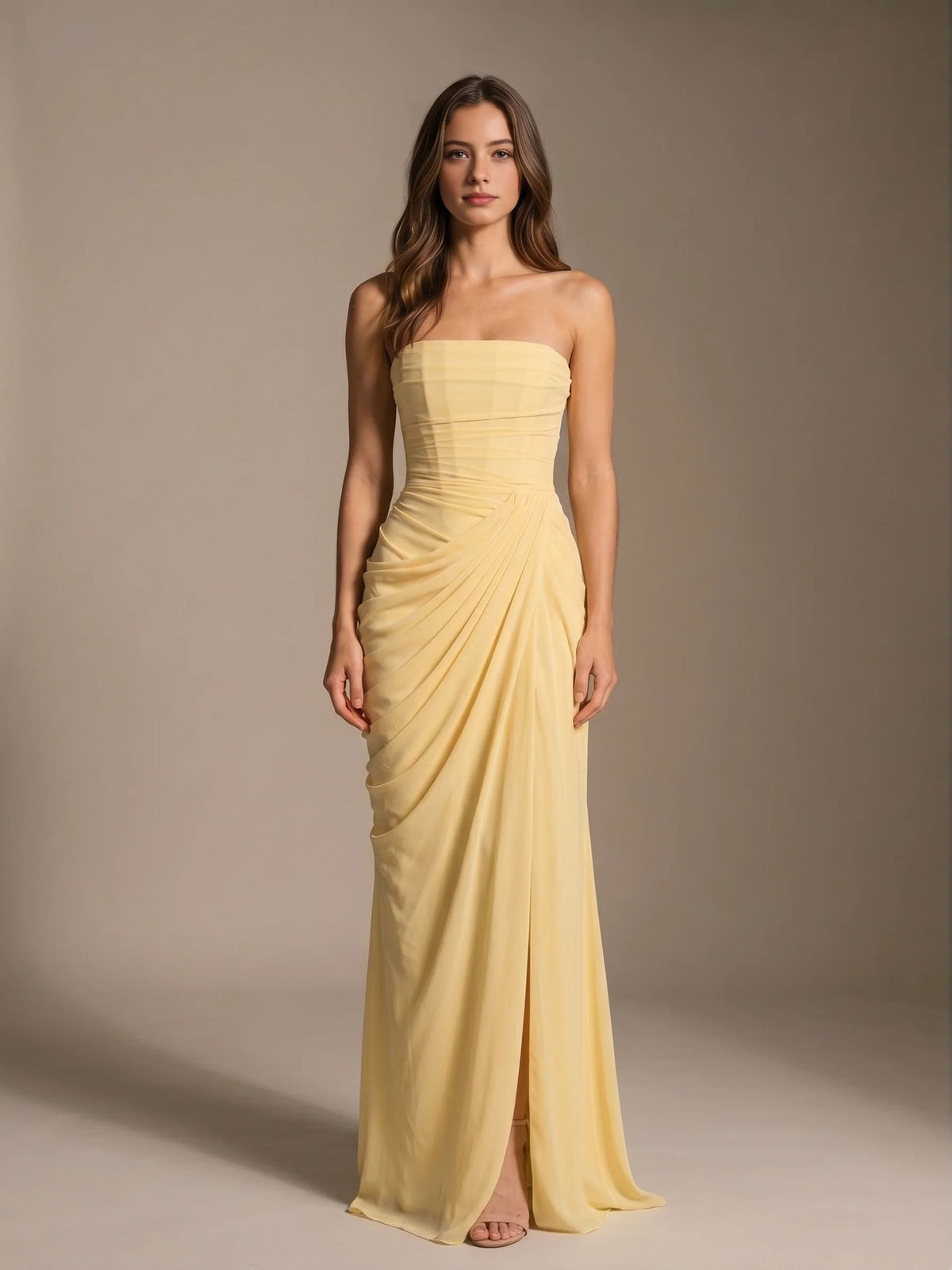 Pale yellow strapless mermaid maxi chiffon dress with ruched drape and side slit