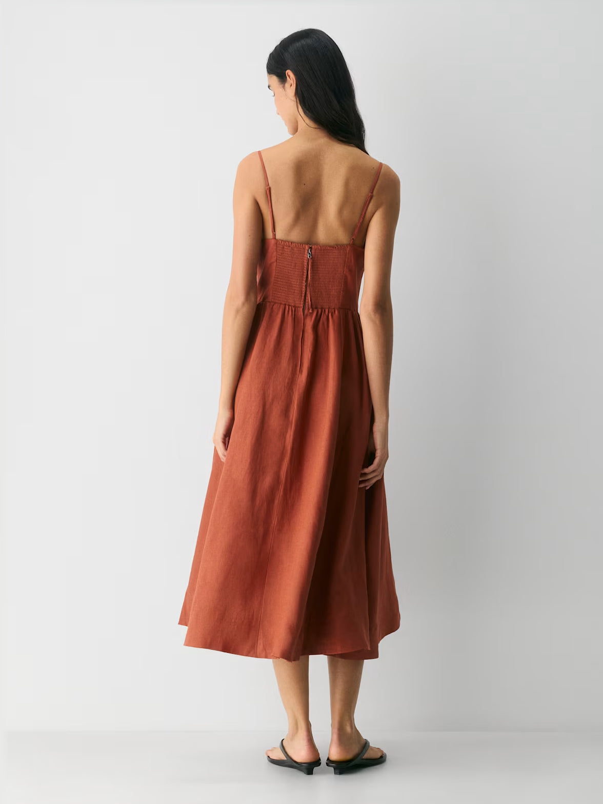 Terracotta formal dress with a-line silhouette and maxi length