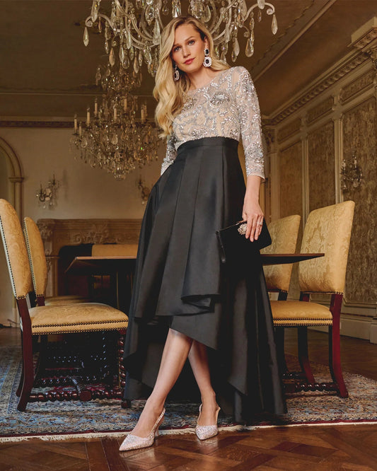 Black A-line maxi skirt with silver sequin lace 3/4 sleeves and scoop neckline