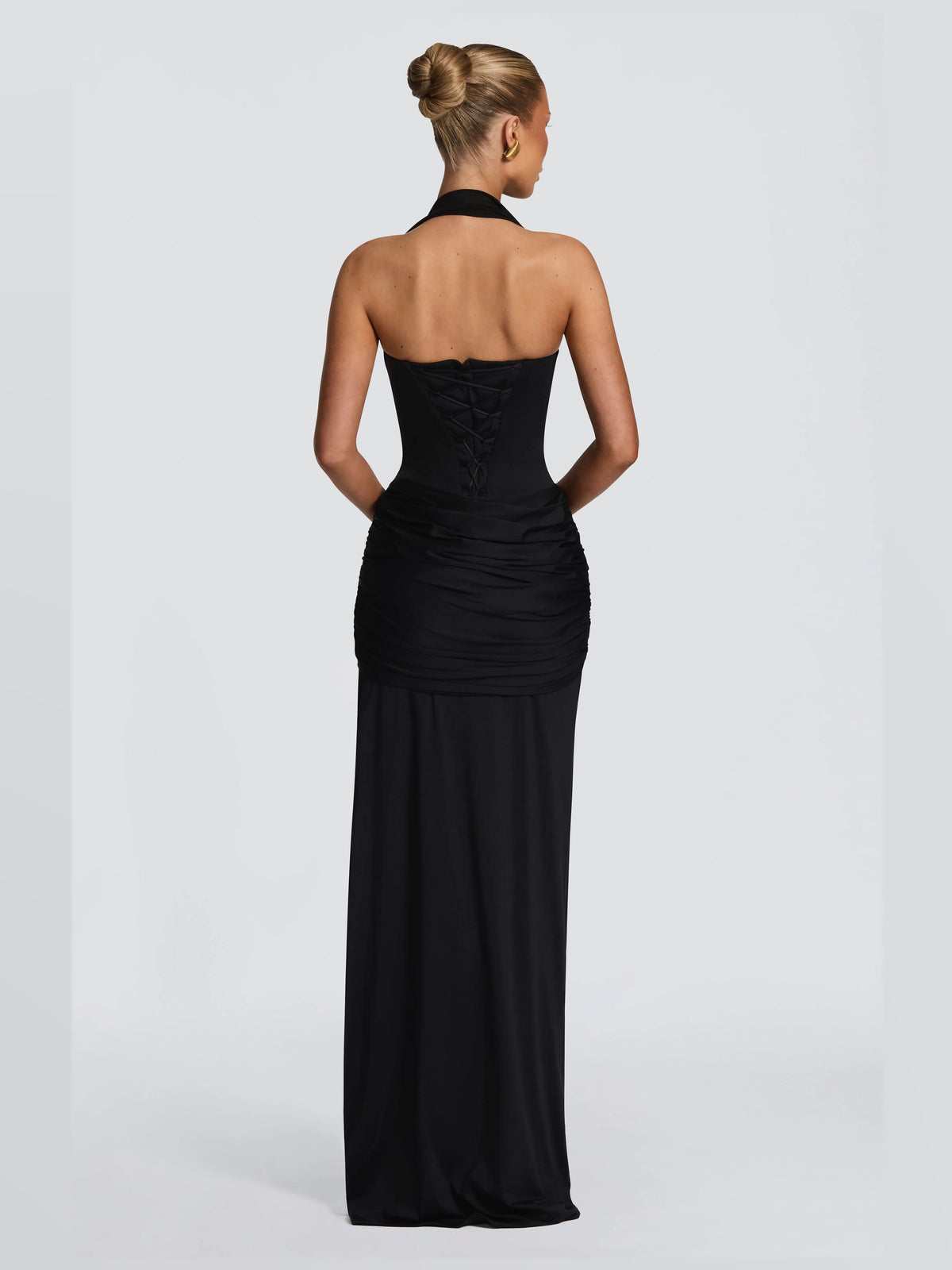 Black formal dress with a-line silhouette and maxi length