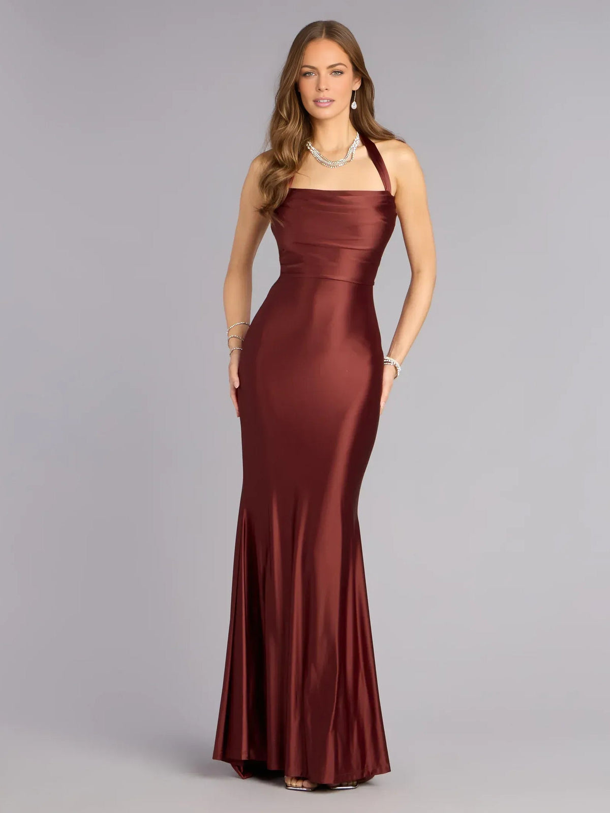 Burgundy halter neck corset formal dress with floor-length fitted mermaid skirt