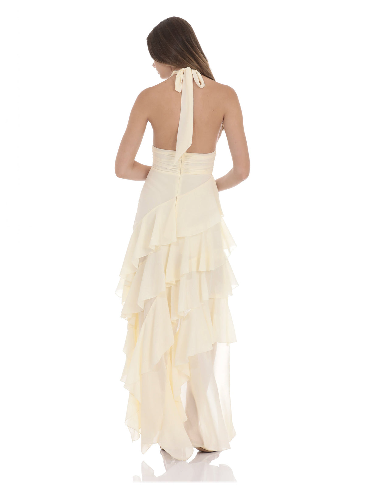 Ivory bridesmaid dress with asymmetrical silhouette and maxi length