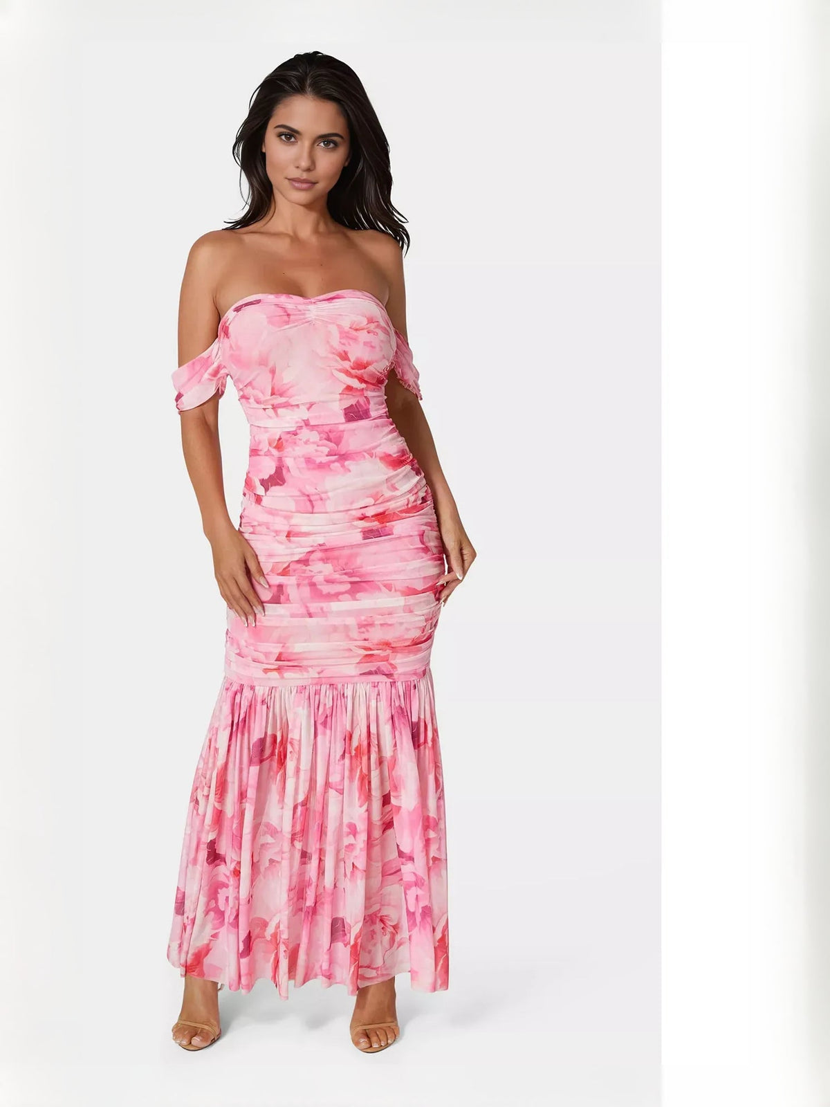 Pink floral off-shoulder maxi dress with short sleeves and ruched bodice, tiered skirt
