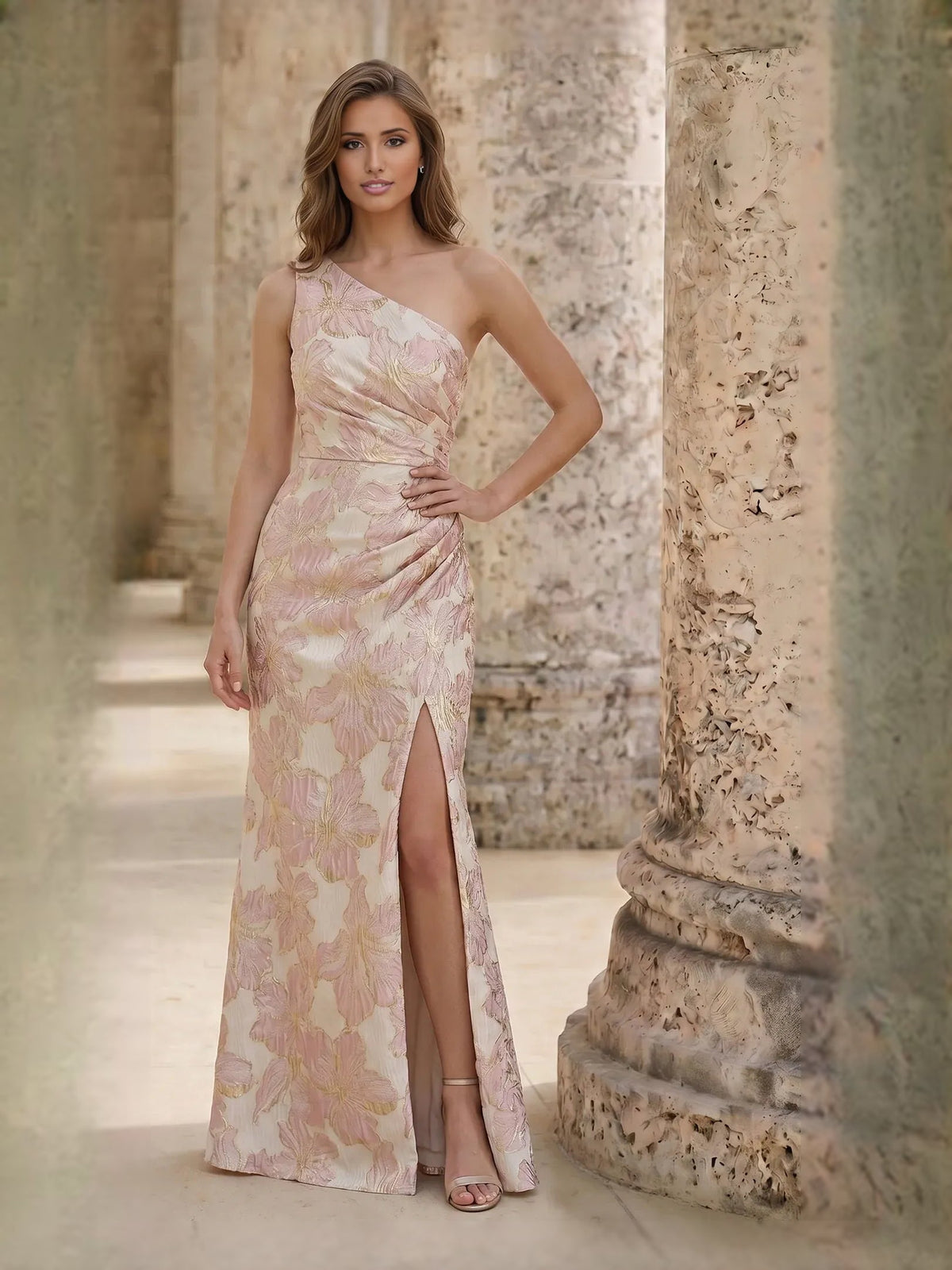 Ruched one-shoulder floral sheath dress with front slit, floor-length, pale pink