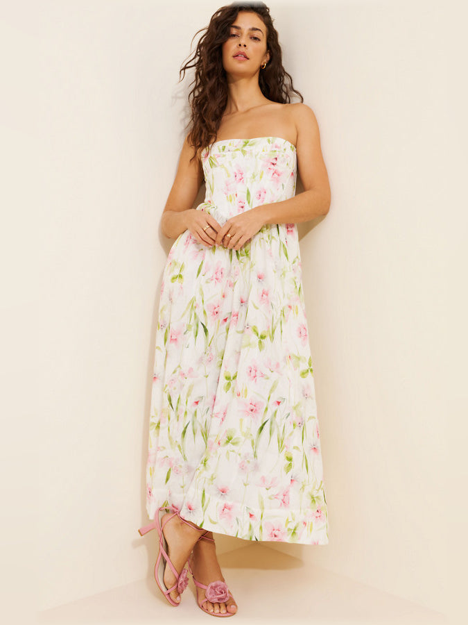 Strapless corset midi dress with white base and pink, green floral print