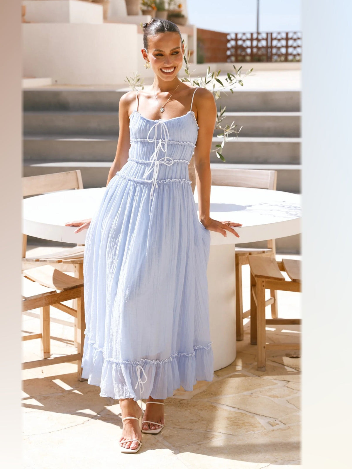Light Blue midi formal dress, front full-length view showing the neckline