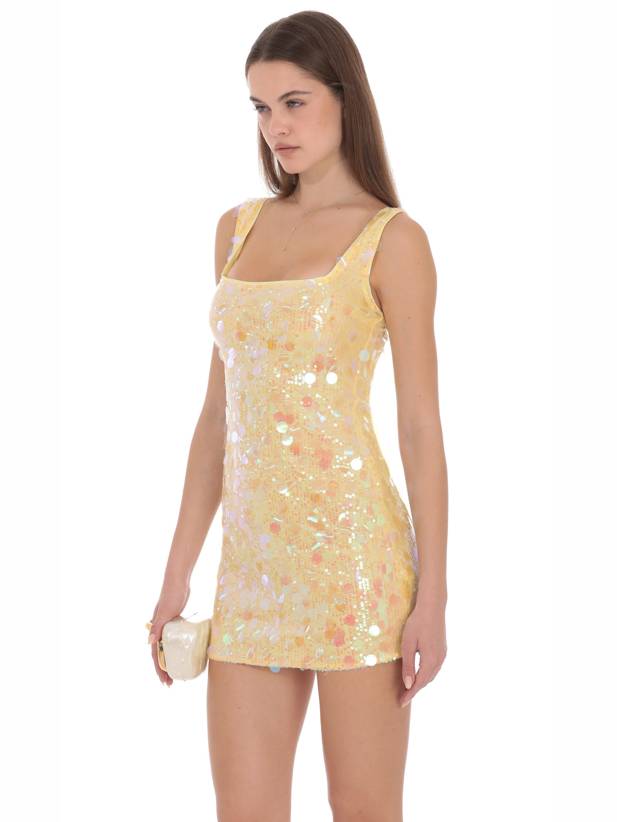 Pale yellow sequin A-line mini homecoming dress with square neckline and thin straps
