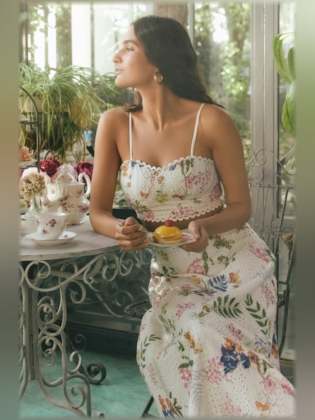 White floral embroidered two-piece midi dress set with lace trim and spaghetti straps