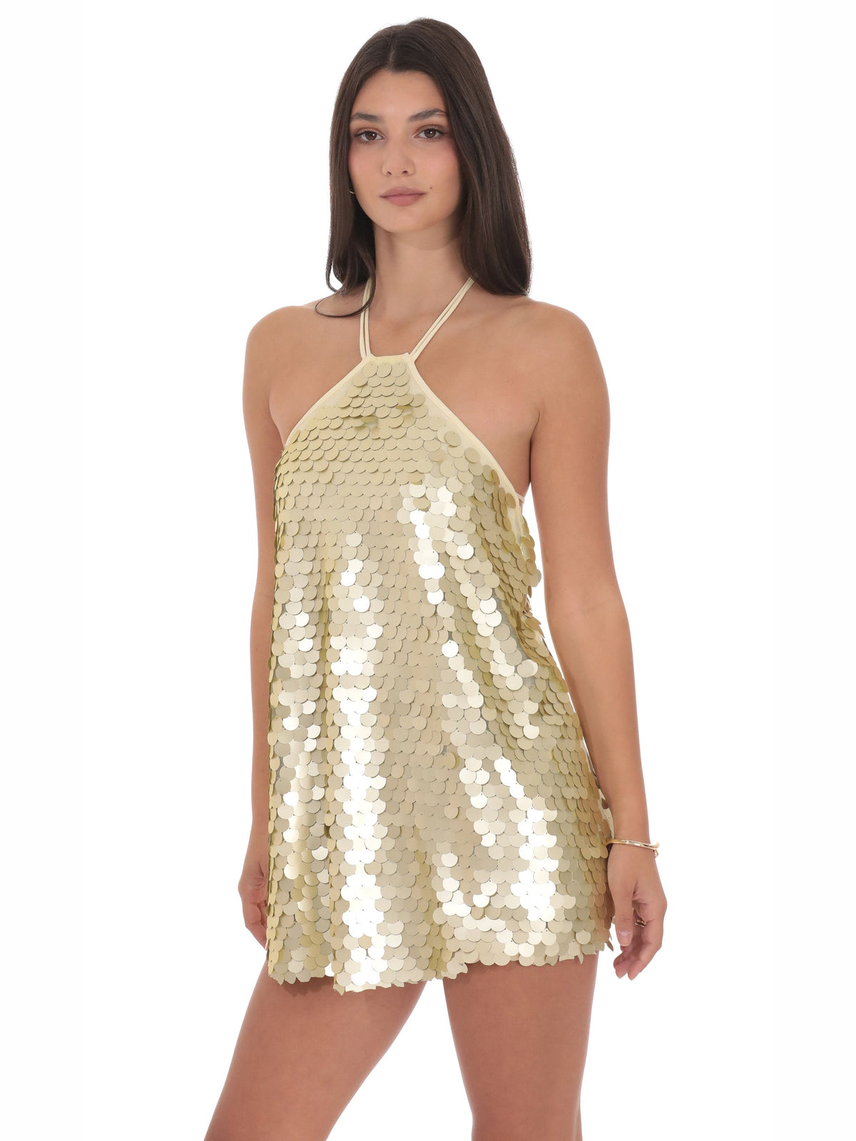 Gold homecoming dress with a-line silhouette and maxi length