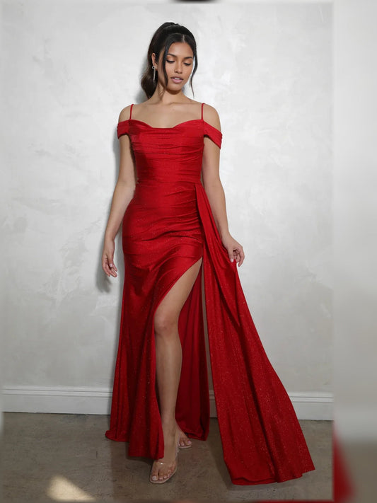 Red off-shoulder formal dress with ruched bodice, thin straps, slit maxi skirt.