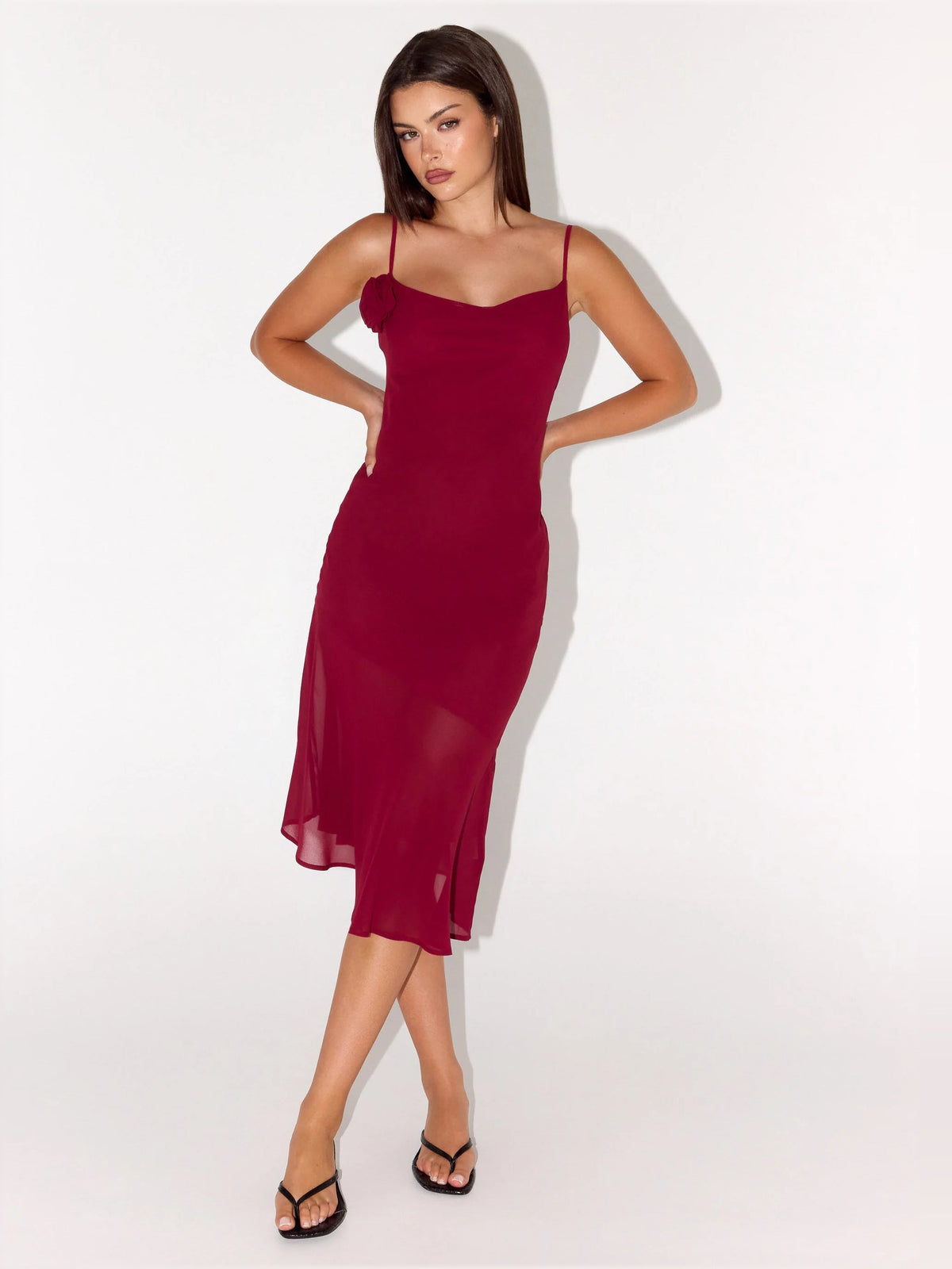 Red midi formal dress, spaghetti straps, square neckline, fitted bodice, flared hem
