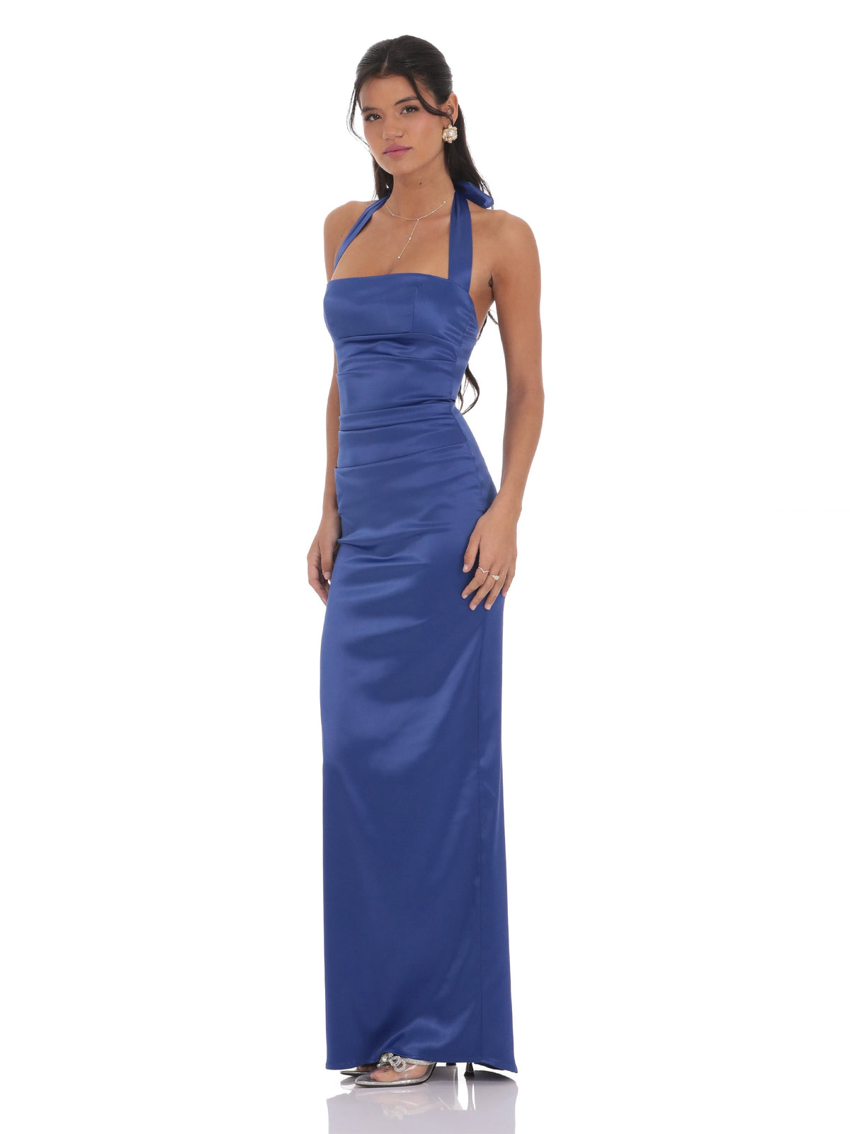 Blue bridesmaid dress with a-line silhouette and maxi length