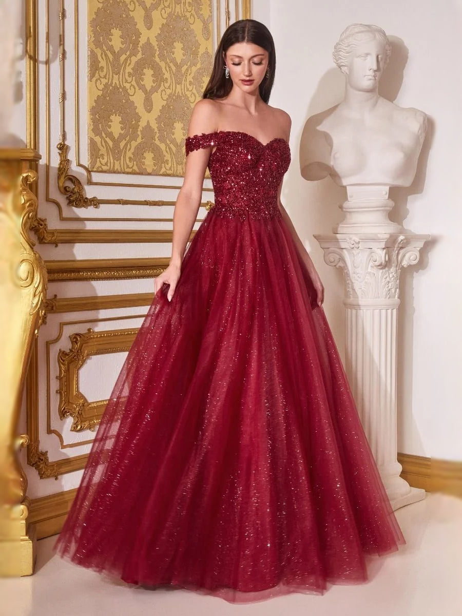 Burgundy strapless A-line prom dress with glitter bodice and layered tulle skirt
