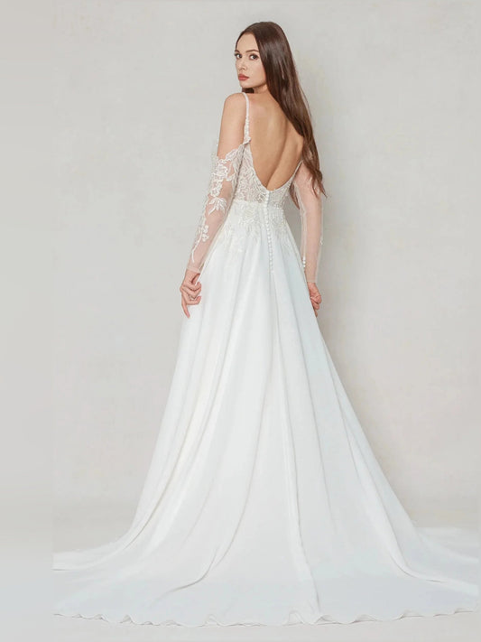 Ivory A-line wedding dress with lace floral bodice, V-neck straps, ruffle sleeves, side slit