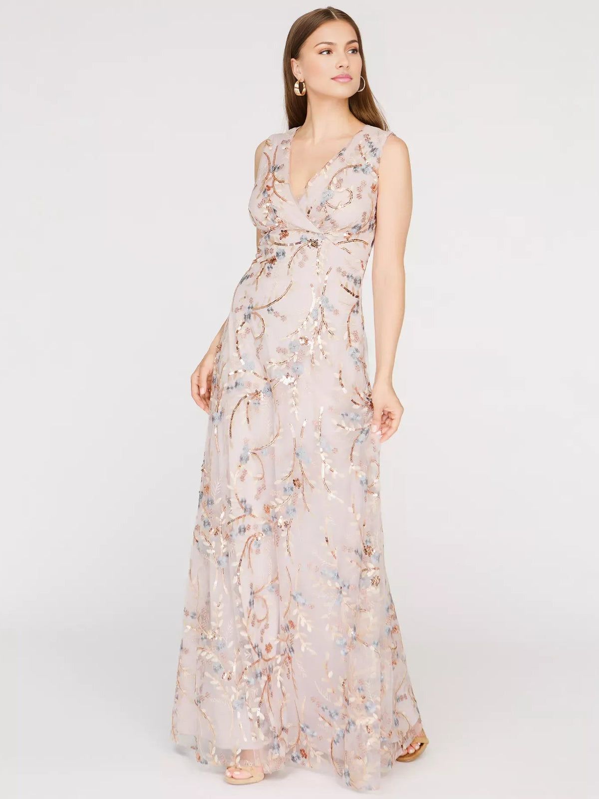 Beaded floral print V-neck floor-length formal dress, sleeveless, blush with blue details