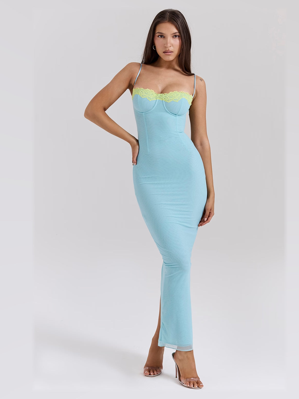 Ocean Blue maxi formal dress, front full-length view showing the neckline