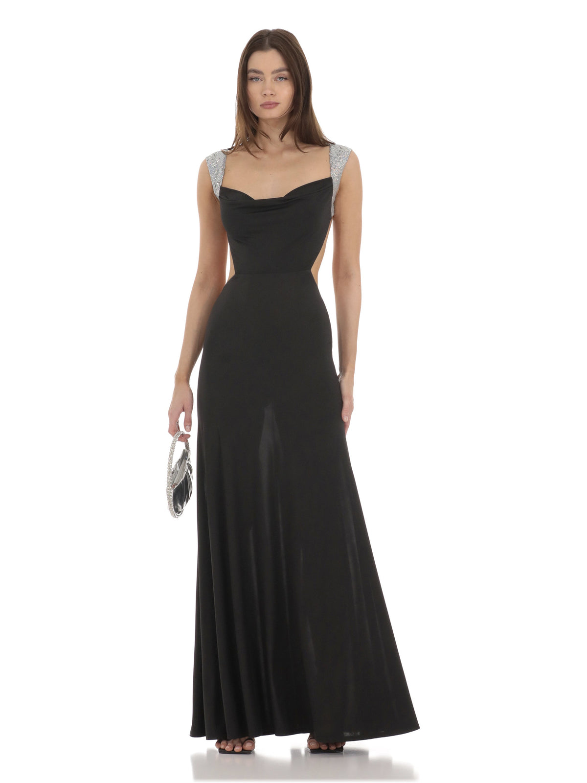 Black sequin cowl-neck A-line maxi dress with mesh shoulder straps