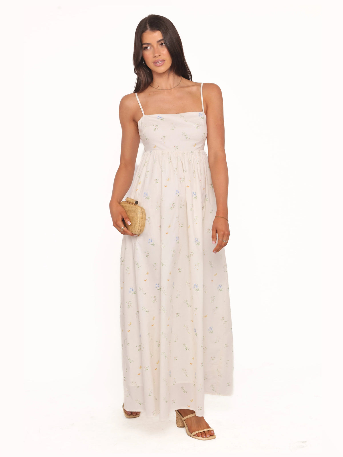 Purple formal dress with a-line silhouette and maxi length