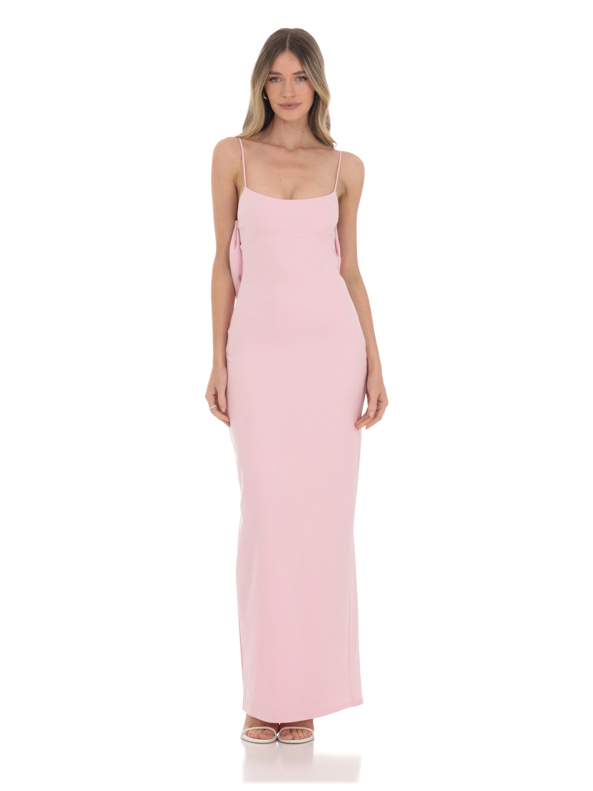 Pink bridesmaid dress with a-line silhouette and maxi length