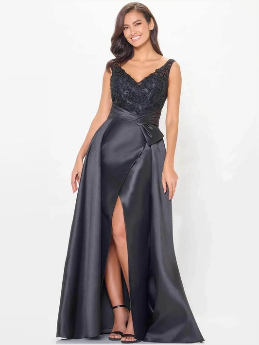 Black floor-length formal dress with lace V-neck bodice and side slit