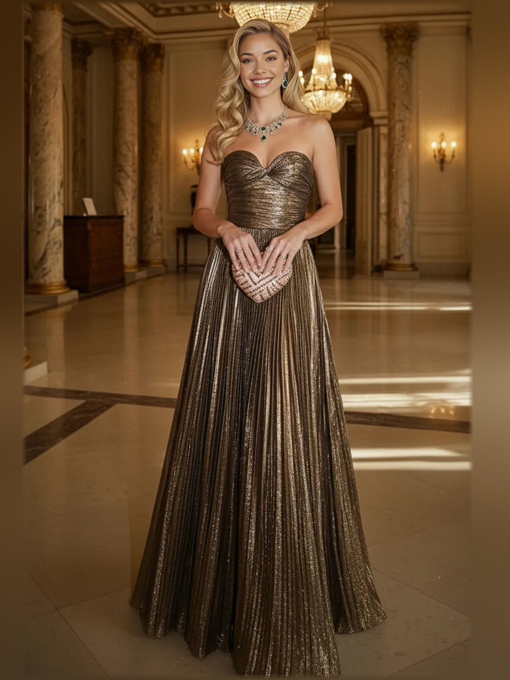 Espresso sweetheart formal dress with ruched bodice, pleated floor-length skirt
