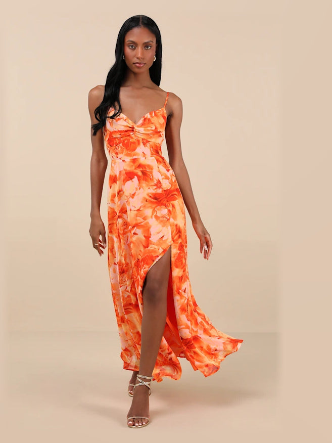 Orange Floral maxi formal dress, front full-length view showing the neckline
