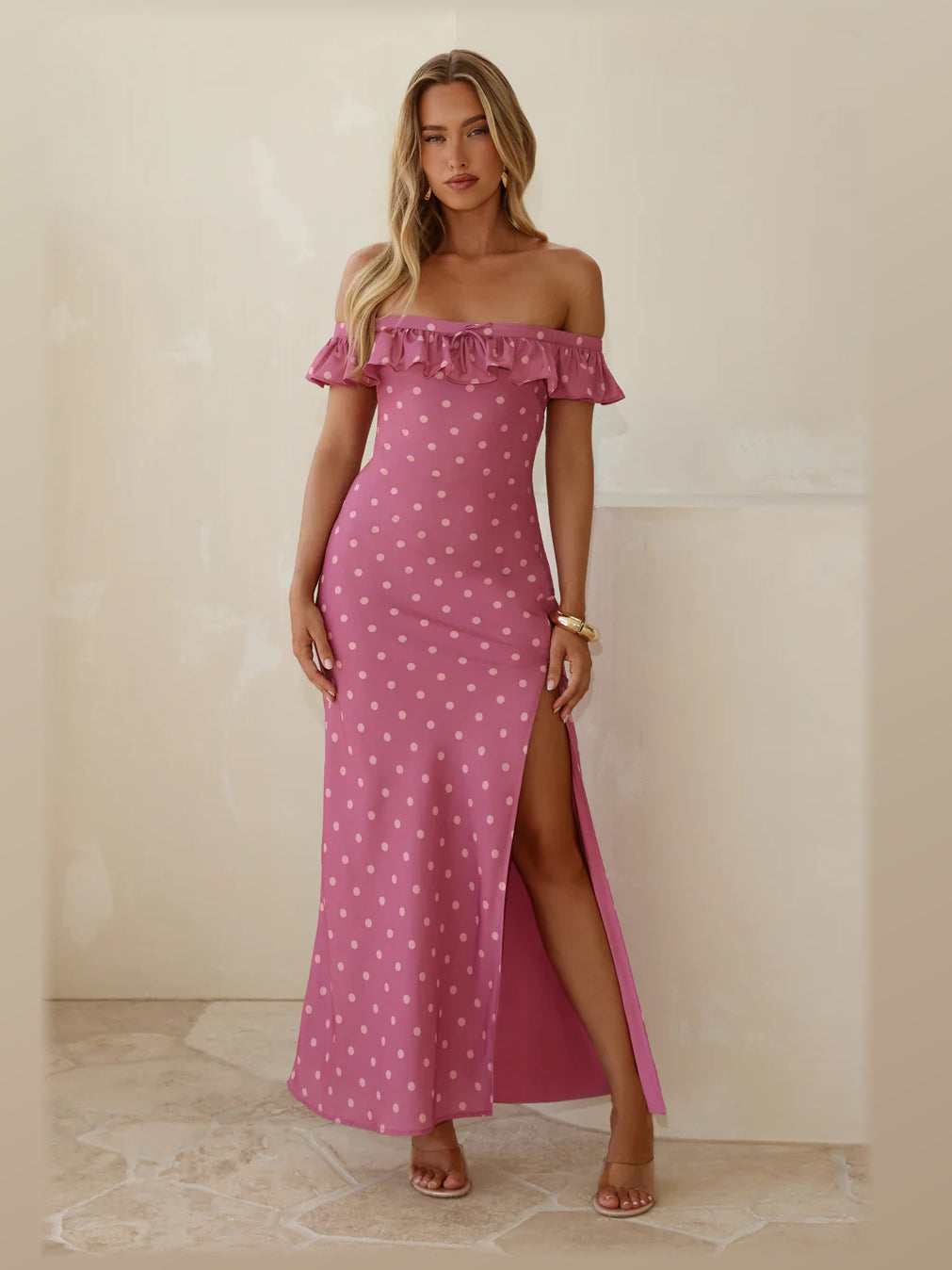 Magenta maxi formal dress, front full-length view showing the neckline