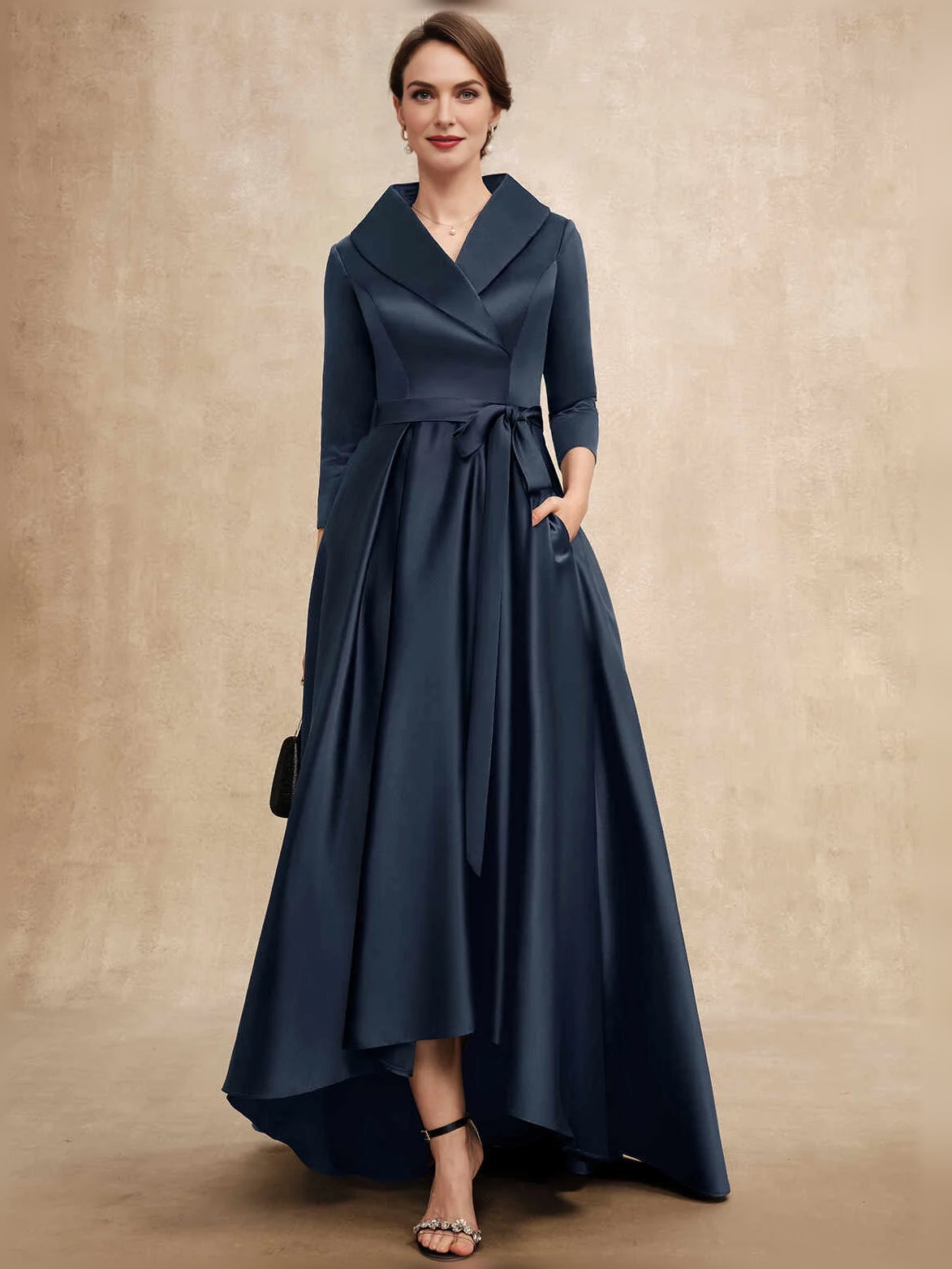 Dark navy satin A-line mother-of-the-bride dress, bow V-neck, high-low hem, 3/4 sleeves