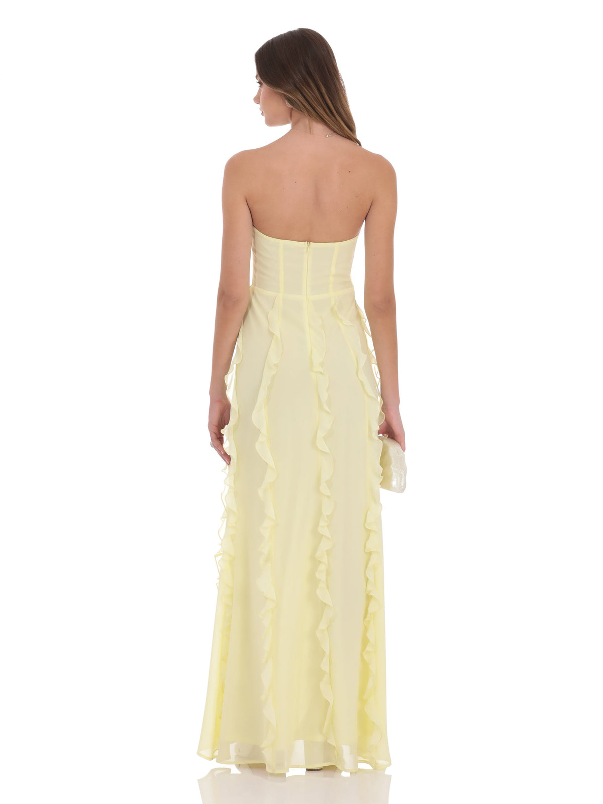 Yellow strapless A-line maxi chiffon dress, ruffled back and gathered waist