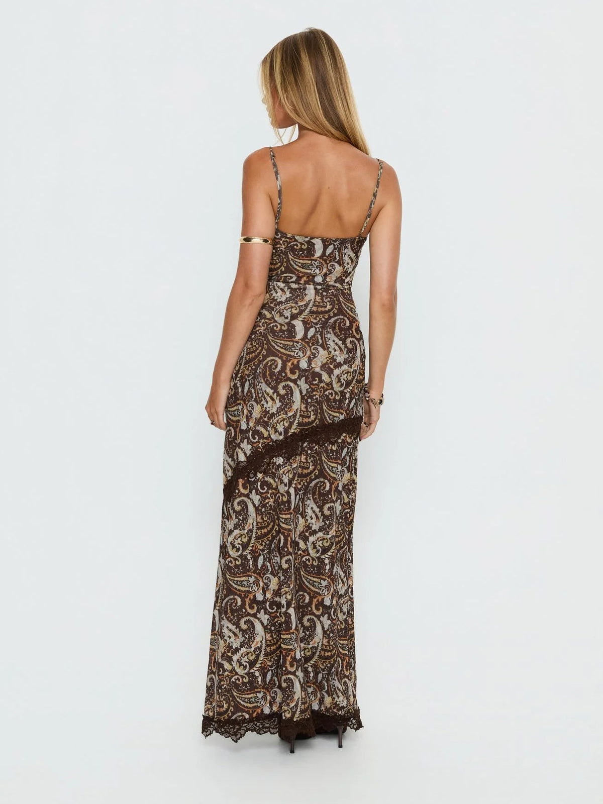 Silver formal dress with a-line silhouette and maxi length