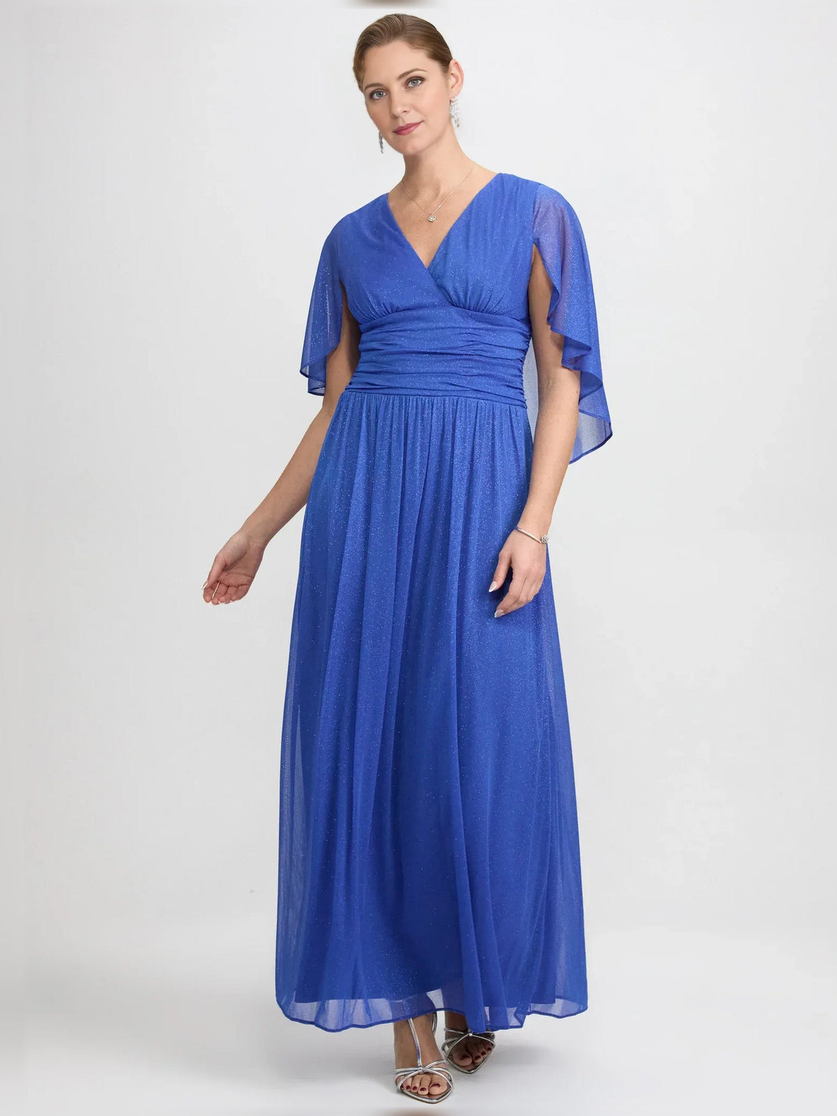 Blue chiffon V-neck A-line dress, ruched waist, flutter sleeves, floor length
