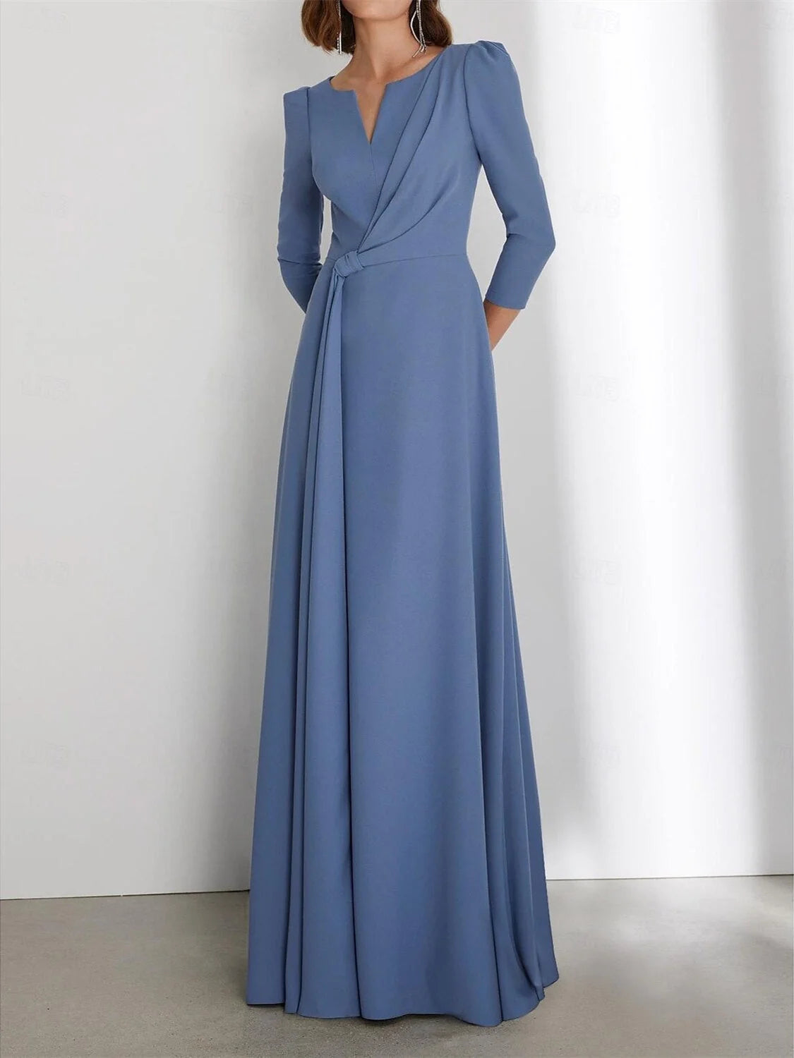 Steel blue draped V-neck A-line formal gown with 3/4 sleeves and wrap waist