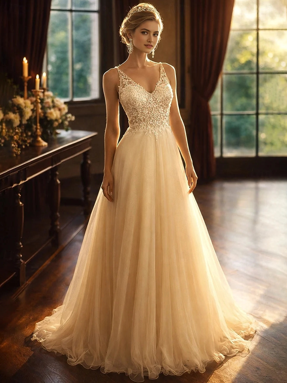Gold beaded V-neck A-line tulle prom dress, floor-length with sheer straps