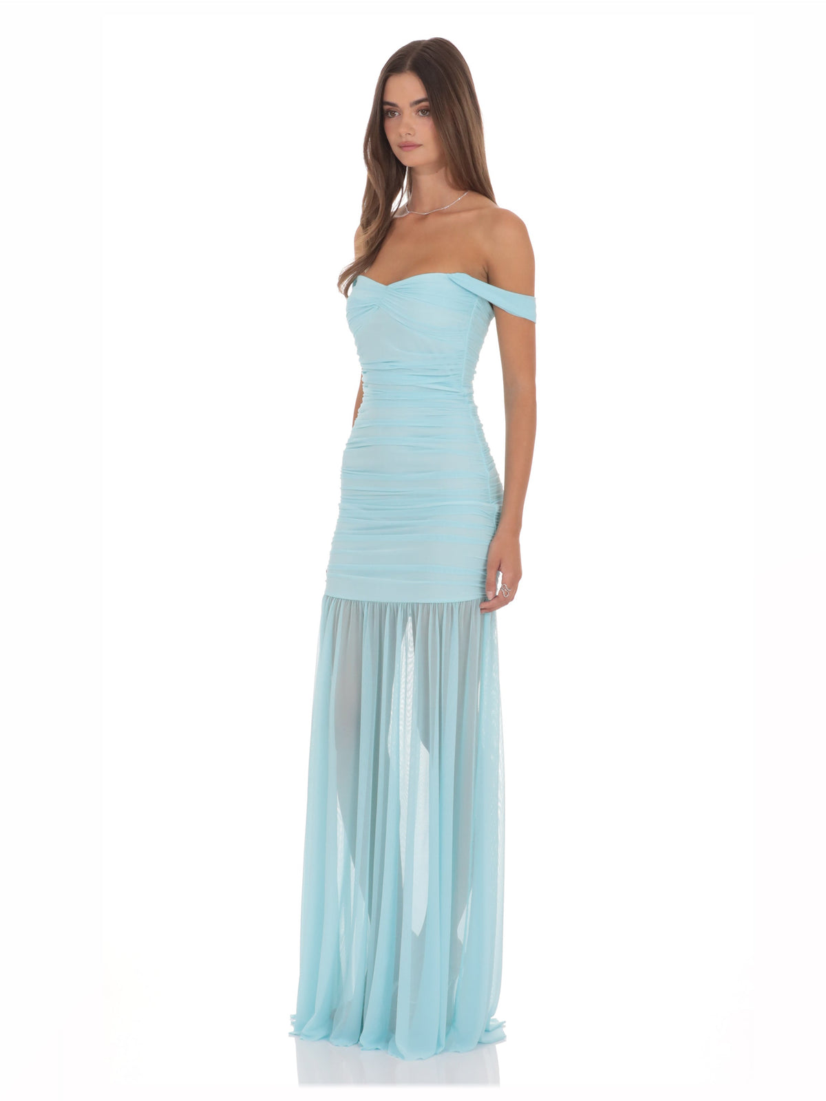 Blue bridesmaid dress with a-line silhouette and maxi length