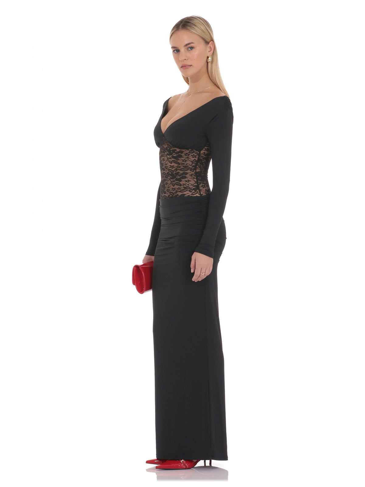 Black bridesmaid dress with a-line silhouette and maxi length