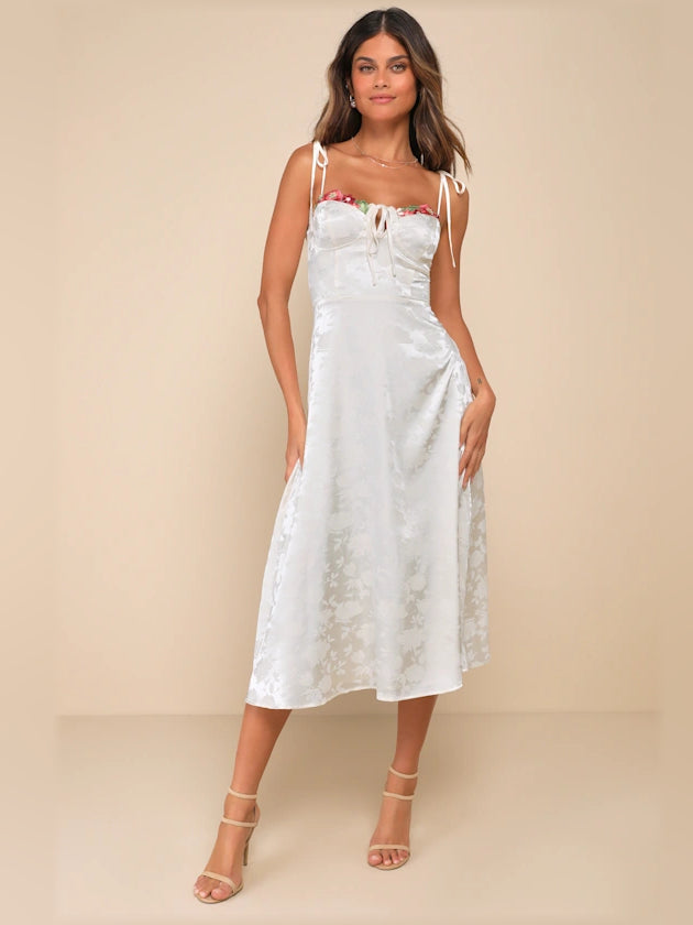 Cream midi formal dress with embroidery, full-length front view