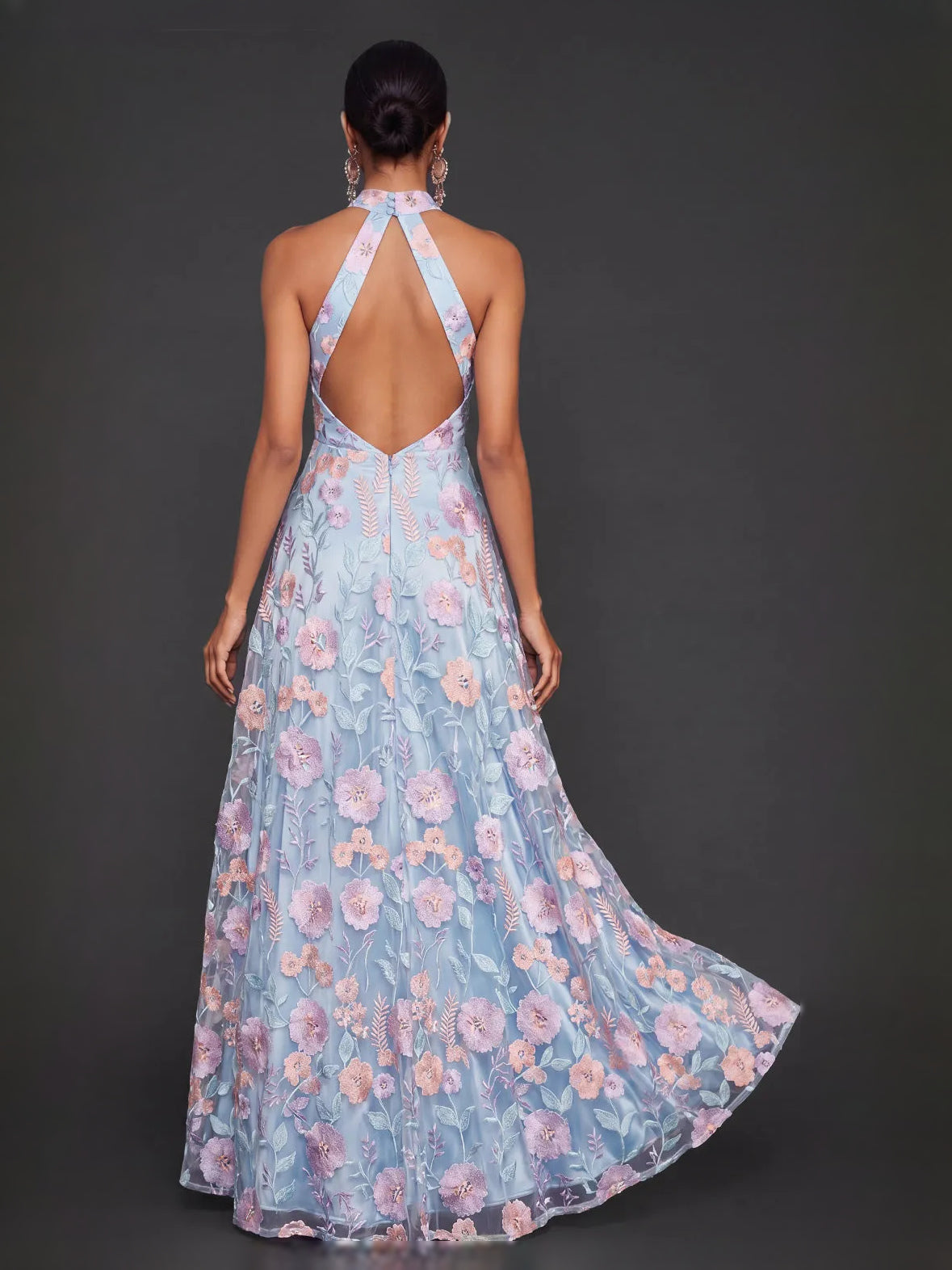 Light blue tulle maxi halter dress with A-line floral embroidery, open back straps