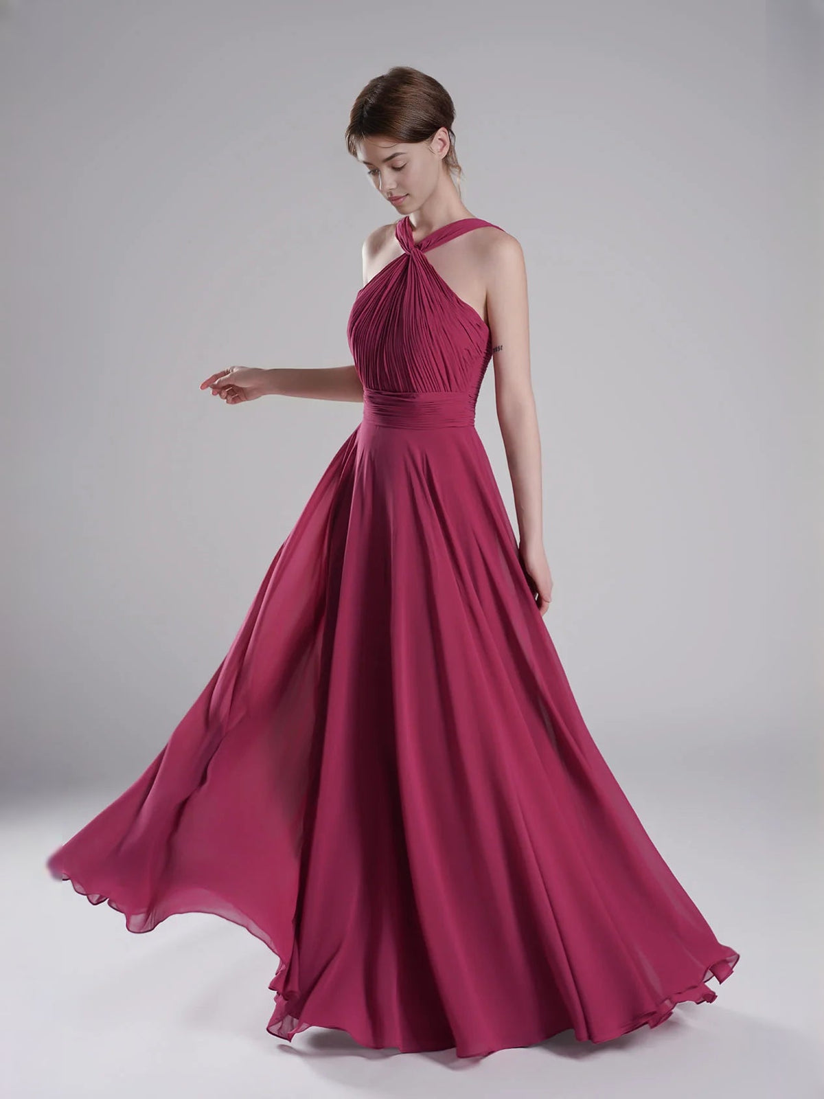 Fuchsia ruched halter A-line chiffon bridesmaid dress with ruffled skirt