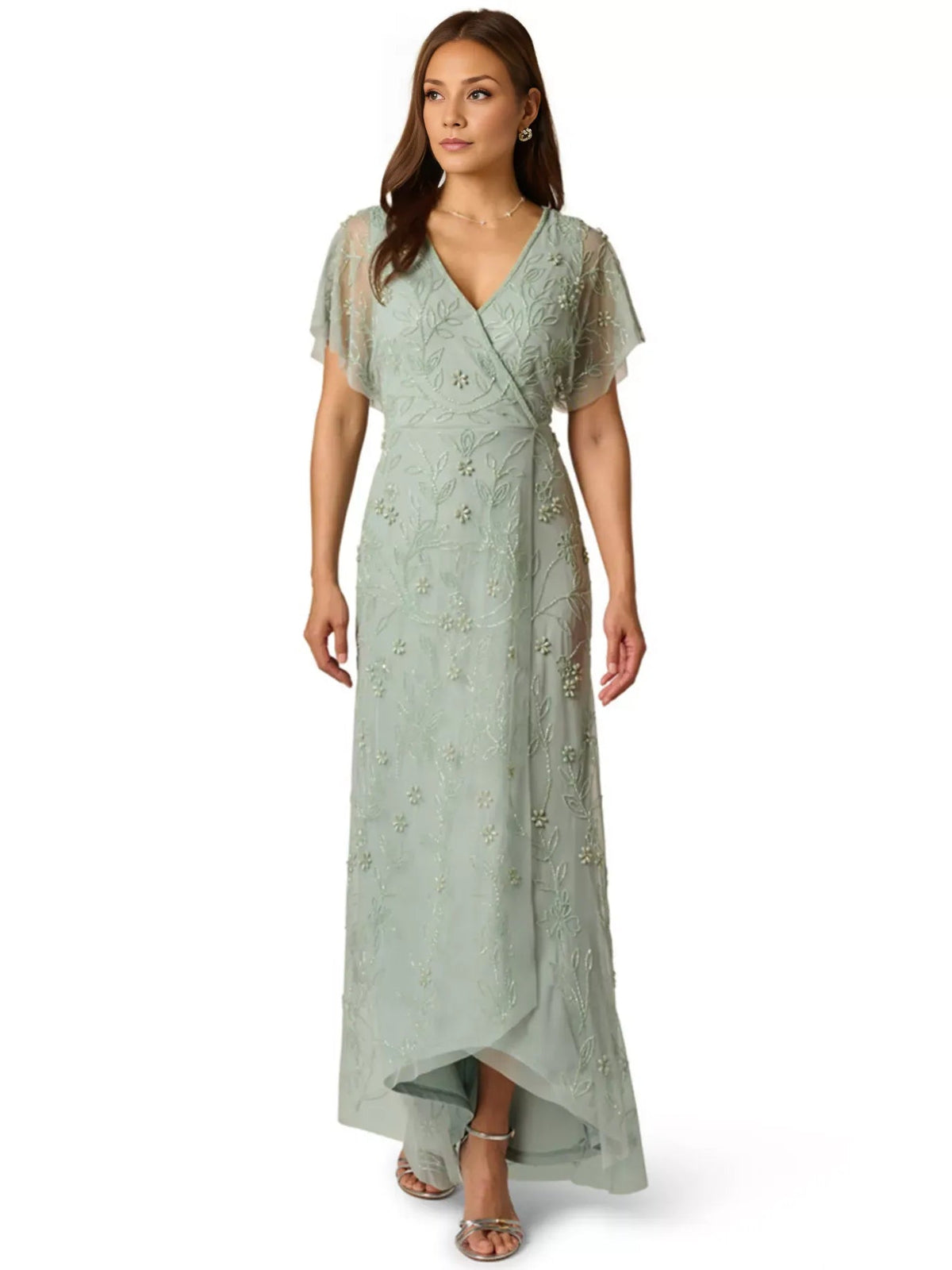 Dusty sage beaded floral V-neck A-line high-low dress