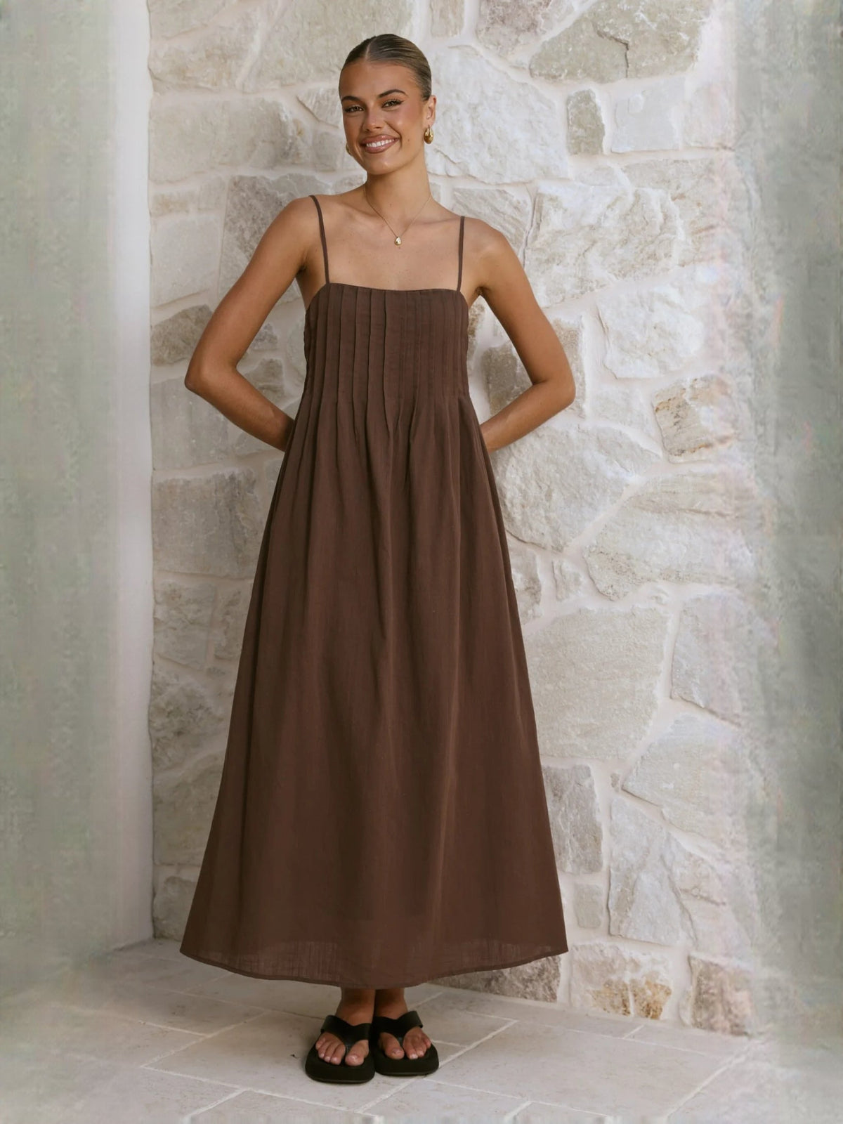 Chocolate a-line maxi formal dress with strapless neckline, full-length front view