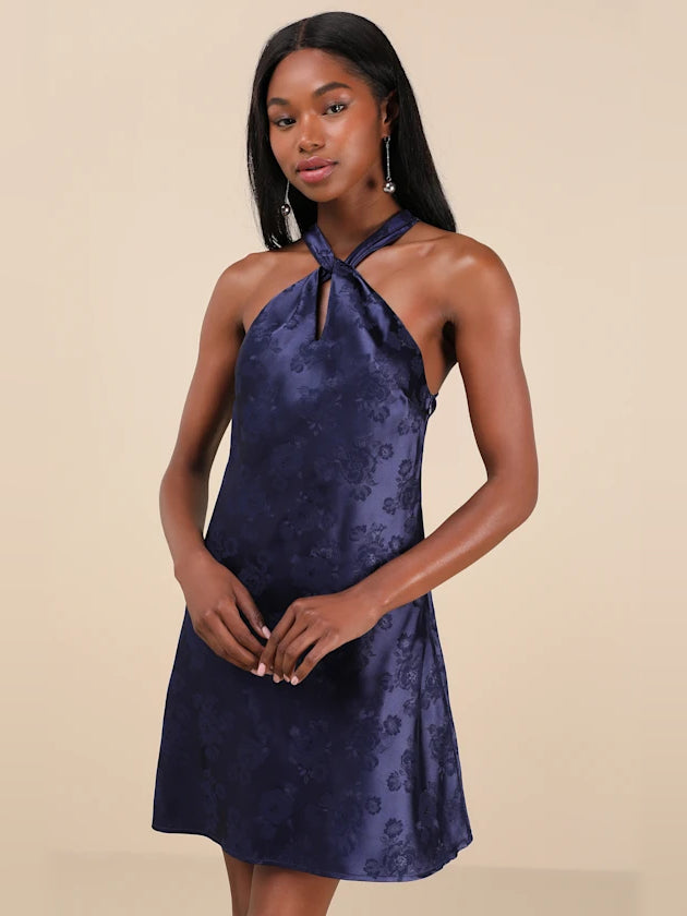 Navy halter neck mini satin dress with keyhole cutout and twisted neckline