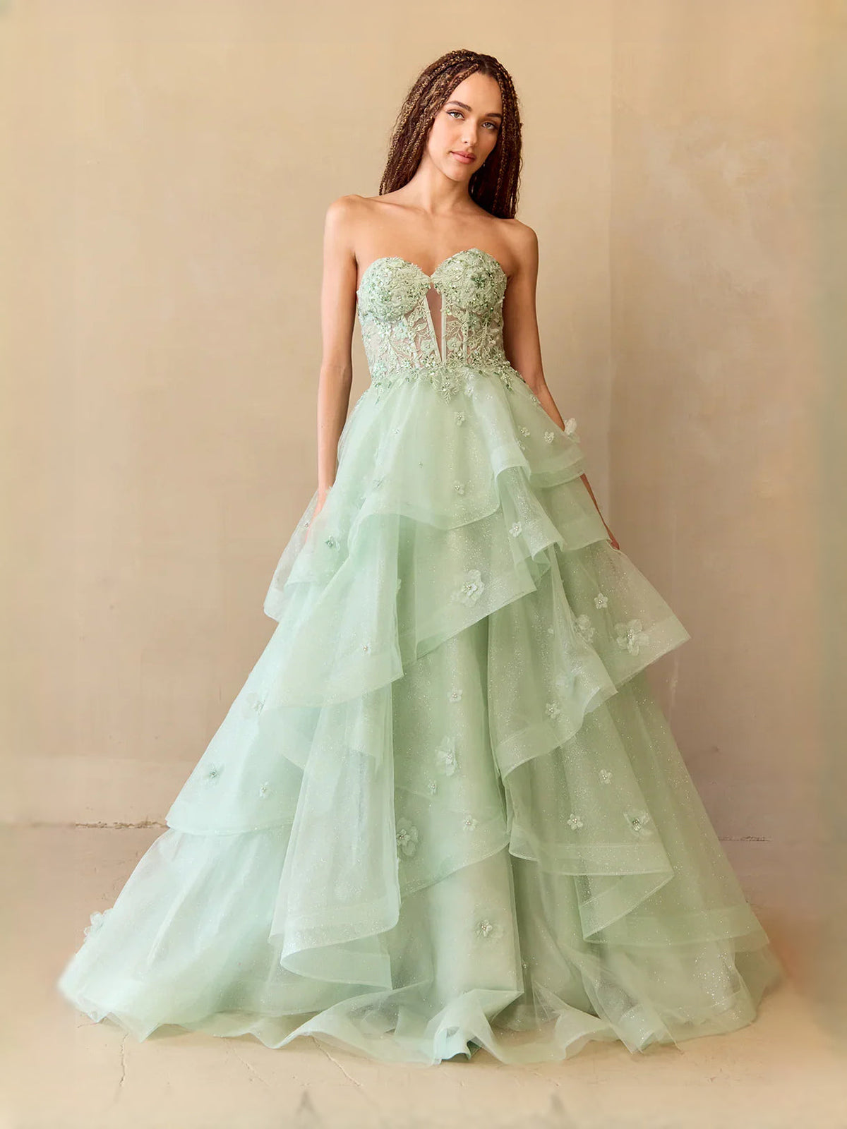 Sage green sweetheart bodice tiered ruffle tulle prom dress, floor-length
