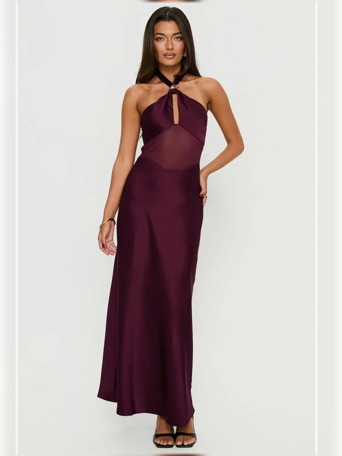 Plum halter neck floor-length formal dress with bow tie and layered ruffle trim