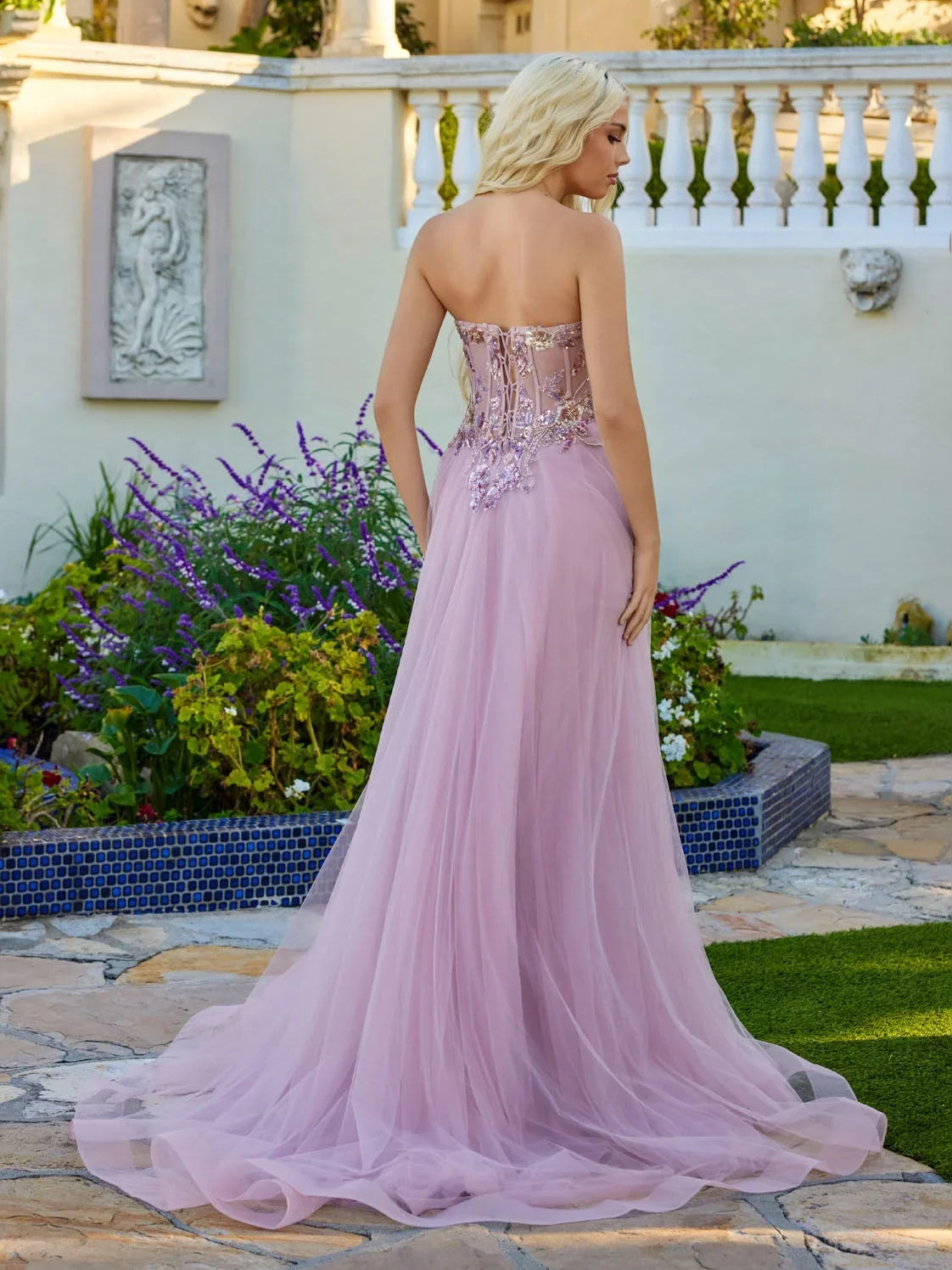 Dusty pink beaded corset tulle prom dress with sweetheart bodice and front slit