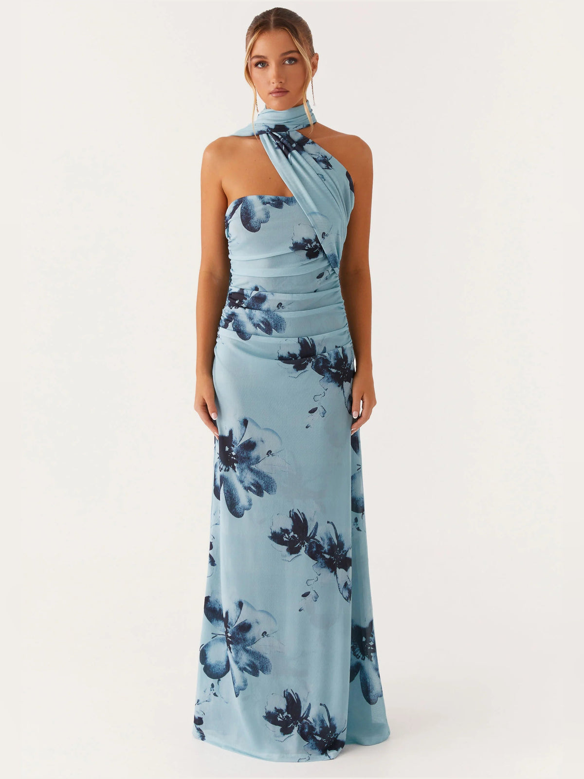Blue Black Floral sheath maxi formal dress with halter neckline, full-length front view
